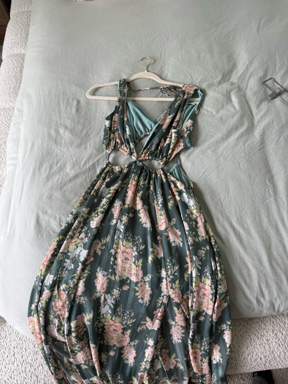 Hello Molly Green Floral Maxi Dress with Pink Flowers